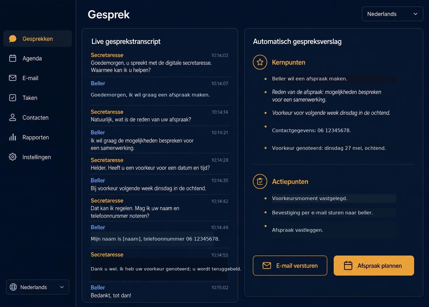 Portaalscherm met live gesprekstranscript en automatisch gespreksverslag